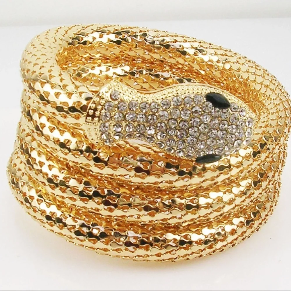 ⚜️ Kenneth Jay Lane Shimmering Gold Mesh and Clear Crystal Snake Wrap Bracelet - Picture 7 of 16